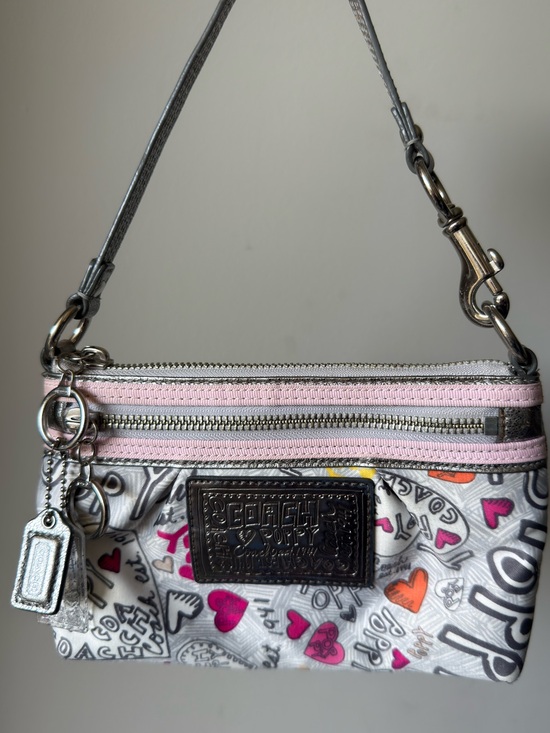 Coach Handbags - Coach Poppy Graffiti Heart Print Mini ShoulderBag– Silver Pink Multi